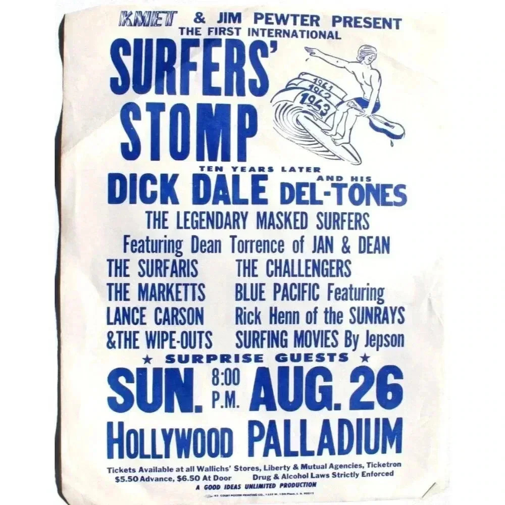 Vtg Orig Dick Dale Del-tones Surfers Stomp Hollywood Palladium Flyer